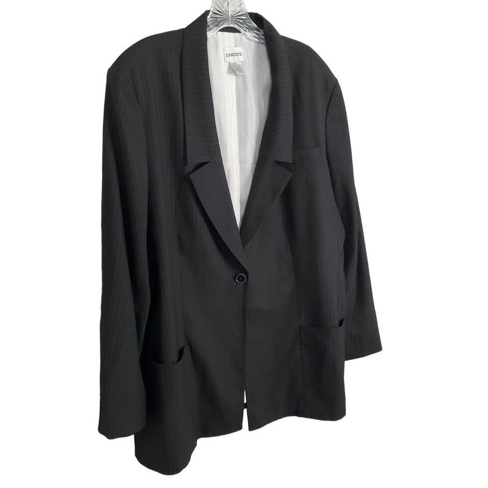 Chico's 3 Size XL Jacket Blazer Menswear Inspired Pinstripe Lined Pockets Black - Picture 1 of 9